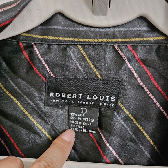 Robert Louis Pajama Shirt Mens Large Black Striped‎ PJ Top Silk Button-Up - Picture 2 of 8